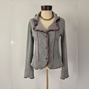 KARKASS Designer Shabby Chic Wool Blend Gray and Burgundy Ruffled Blazer. Size M